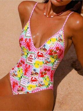 SHEIN Pink Tropical Fruit & Crab One-Piece Swimsuit